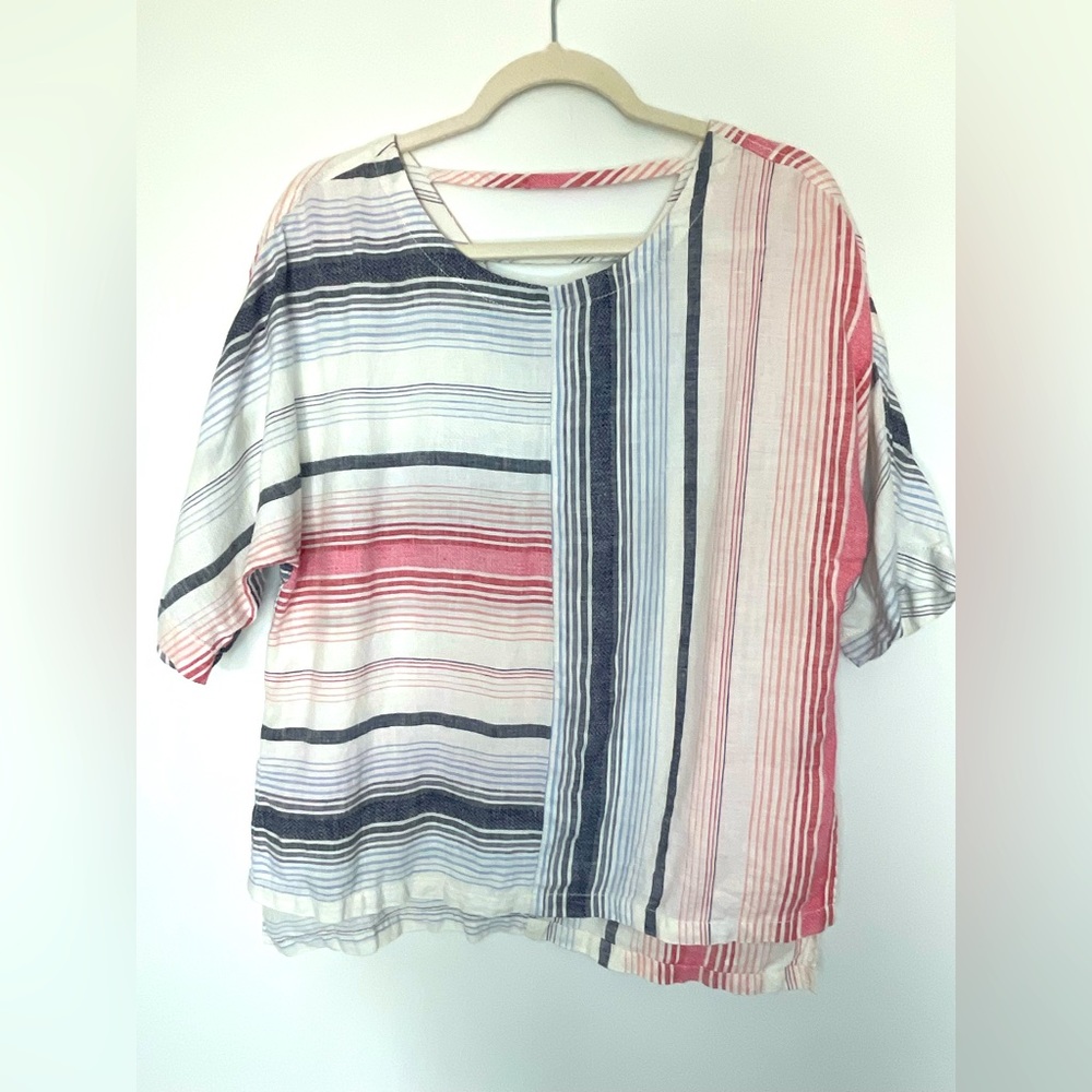 Caslon 100% Linen Classic Neutral Striped Blouse Top Women's Size Medium C27